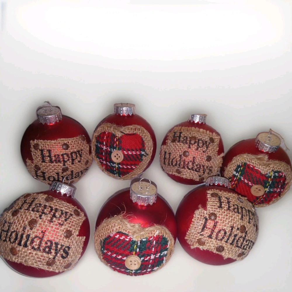 7 Red Burlap Christmas Ornaments HAPPY HOLIDAYS Rustic Farmhouse‎ Country Cabin